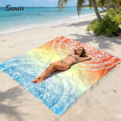 Boho Sand Proof Beach Blanket, Orange Blue, 72×85, photo 3