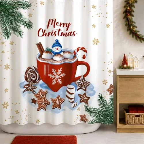 Christmas Shower Curtain, Hot Cocoa with Snowman Marshmallows, 72×72, photo 2