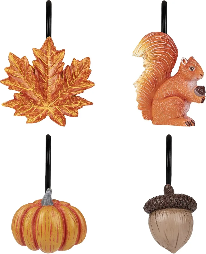 Fall Autumn Decorative Shower Curtain Hooks, Autumn Collection with Black Hooks