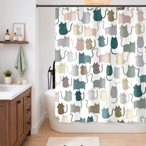 Lovely Multicolor Cartoon Cats Fabric Shower Curtain, photo 2