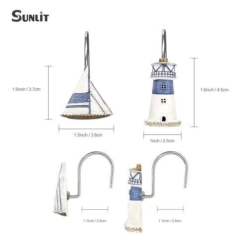 Nautical Shower Curtain Hooks, Sailboat and Lighthouse, photo 4