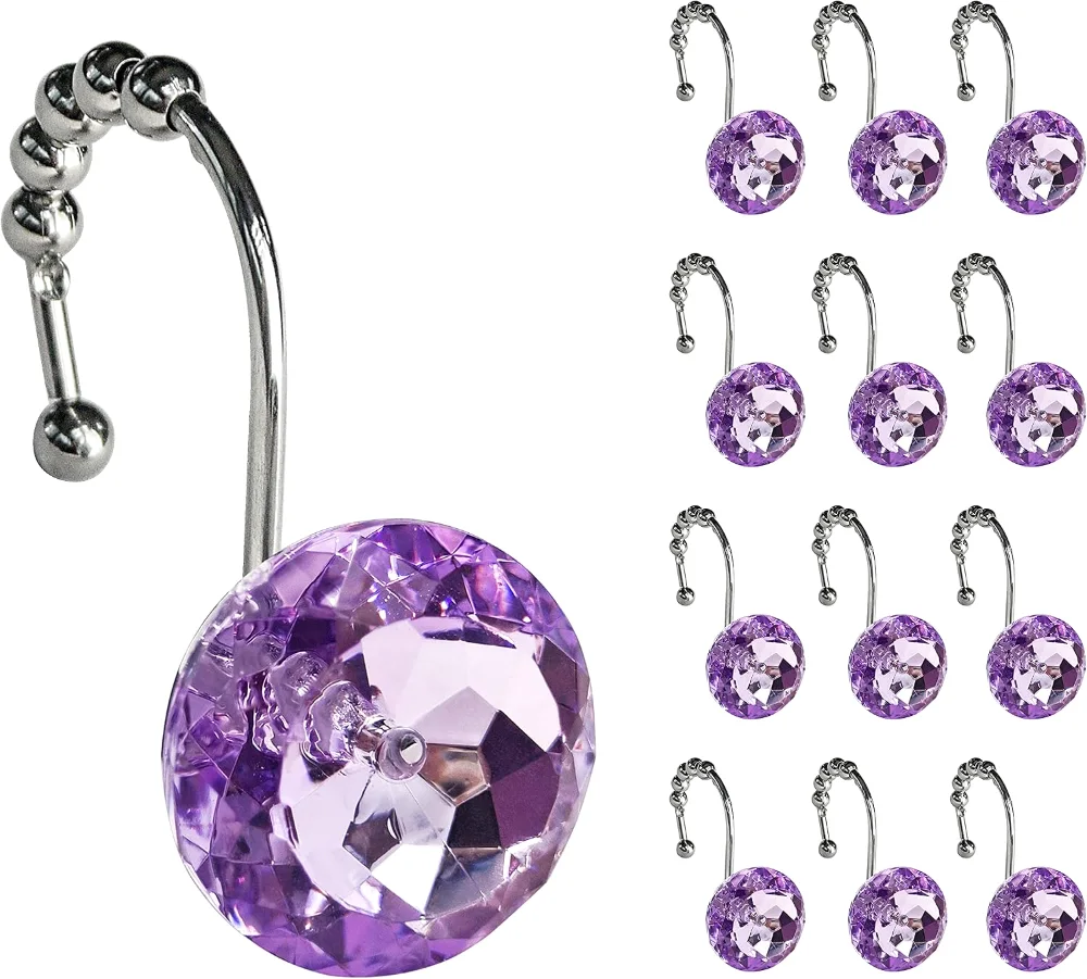 Round Purple Crystal Gem Shower Curtain Hooks