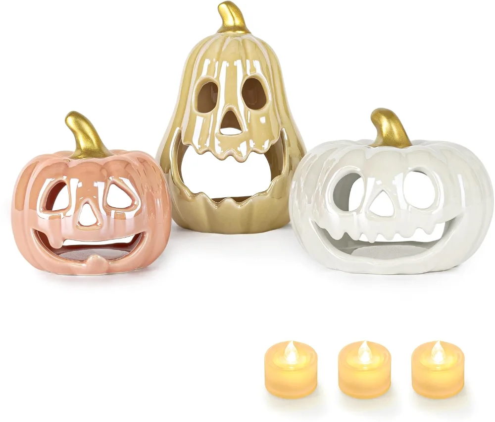 Ceramic Pumpkin with 3 Tea Lights, Colorful Pumpkin