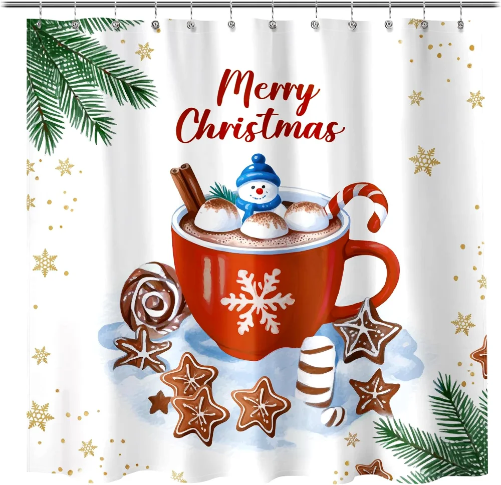 Christmas Shower Curtain, Hot Cocoa with Snowman Marshmallows, 72×72