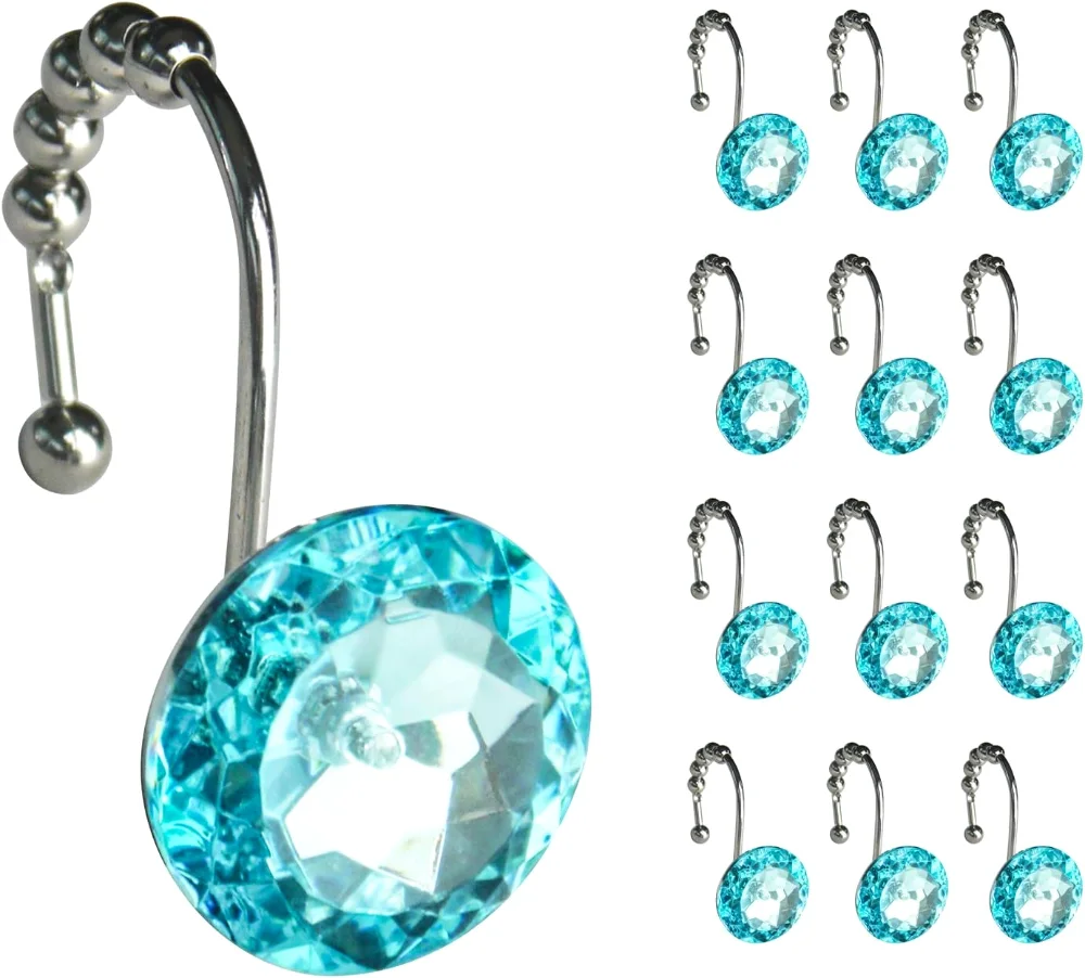 Round Teal Blue Crystal Gem Shower Curtain Hooks