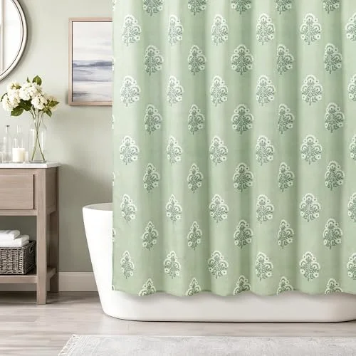 Block Print Polyester-Cotton Fabric Shower Curtain, Sage Green Floral, photo 5