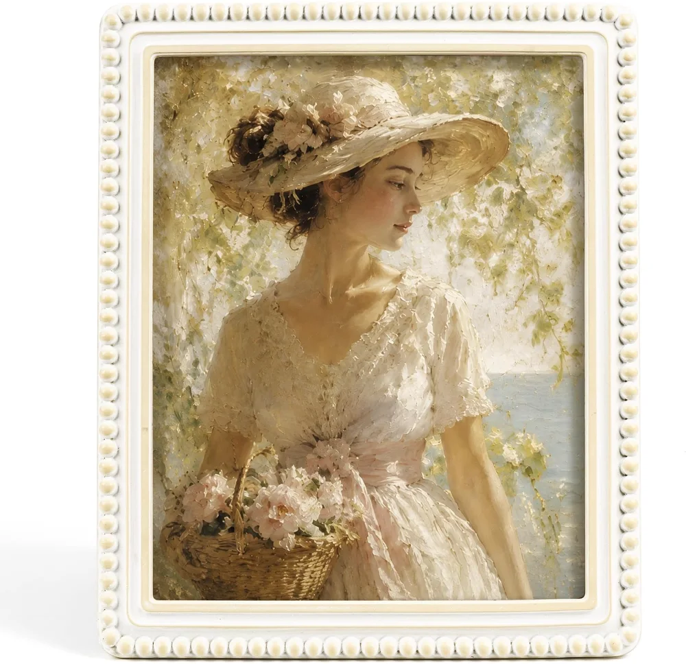 Boho Vintage Picture Frame with Beaded Border 8x10, Distressed White