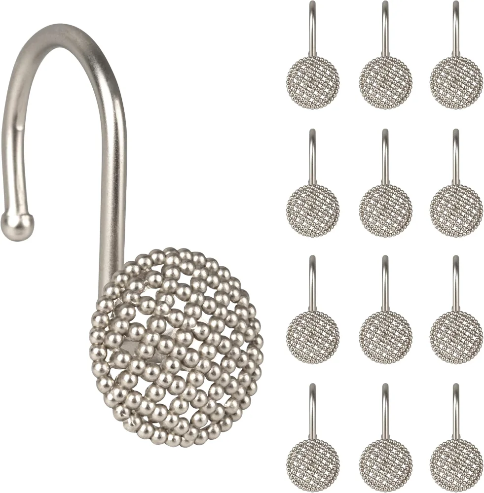 Brushed Nickel 3D Beaded Mesh Shower Curtain Hooks