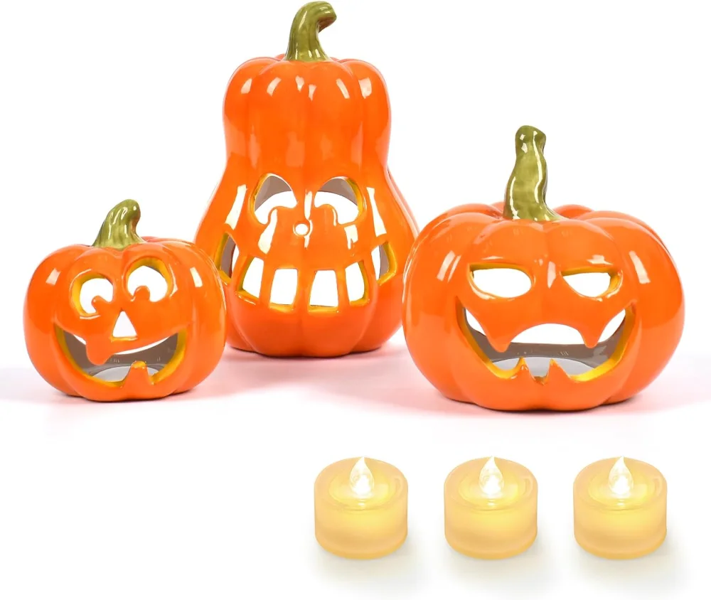 Ceramic Pumpkin with 3 Tea Lights, Orange Pumpkin