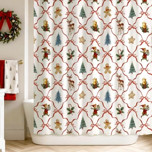 Christmas Shower Curtain, Block Print Holiday Pattern, 72×72, photo 2