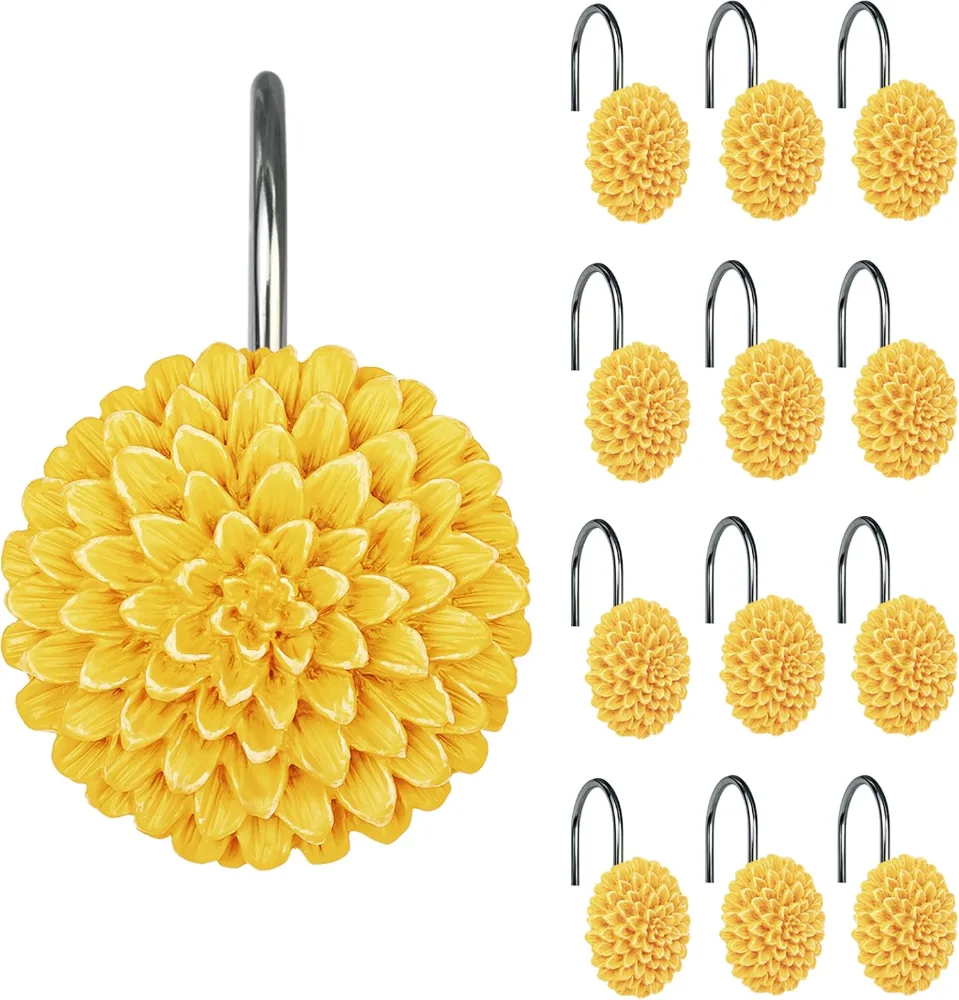 Decorative Floral Shower Curtain Hooks, Yellow
