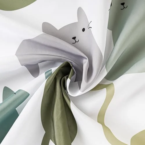 Lovely Sage Green Cartoon Cats Fabric Shower Curtain, photo 5