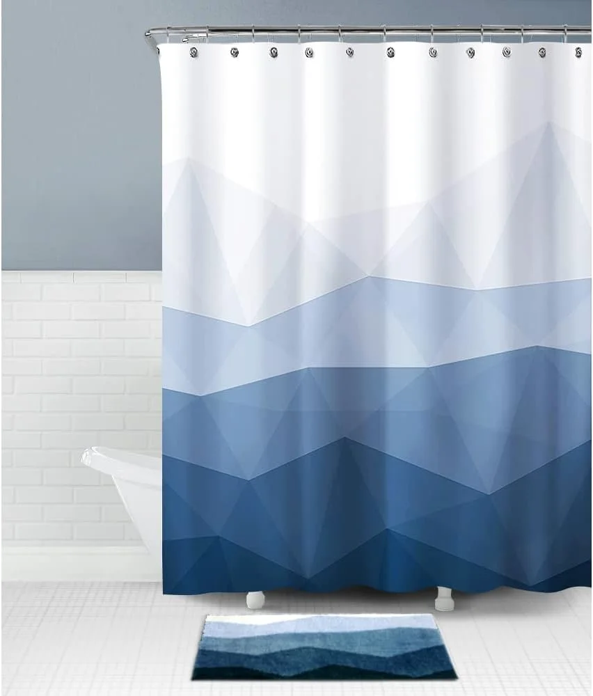 Modern Ombre Blue Fabric Shower Curtain Set with Bathroom Rug Non-Slip Bath Mat, 20×30
