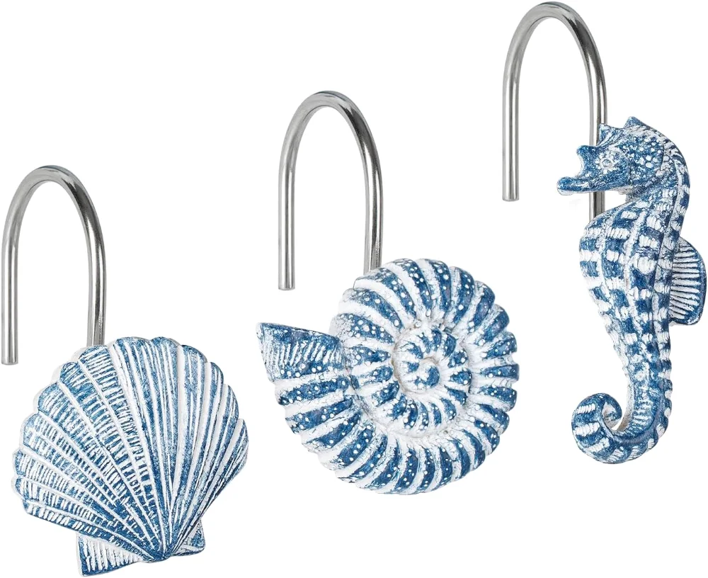 Seashells Decorative Shower Curtain Hooks, Sky Blue (R643)