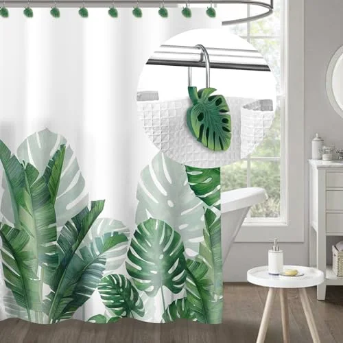 Tropical Leaf Decorative Shower Curtain Hooks, Ombre Green Monstera Deliciosa, photo 4