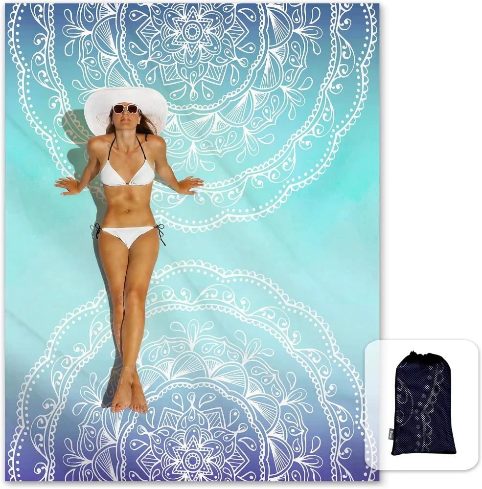 Boho Sand Proof Beach Blanket, Ombre Blue, 81×106