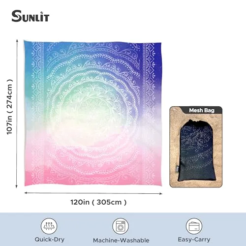 Extra Large Boho Sand Proof Beach Blanket, Center Mandala-blue Pink, 108×120, photo 2
