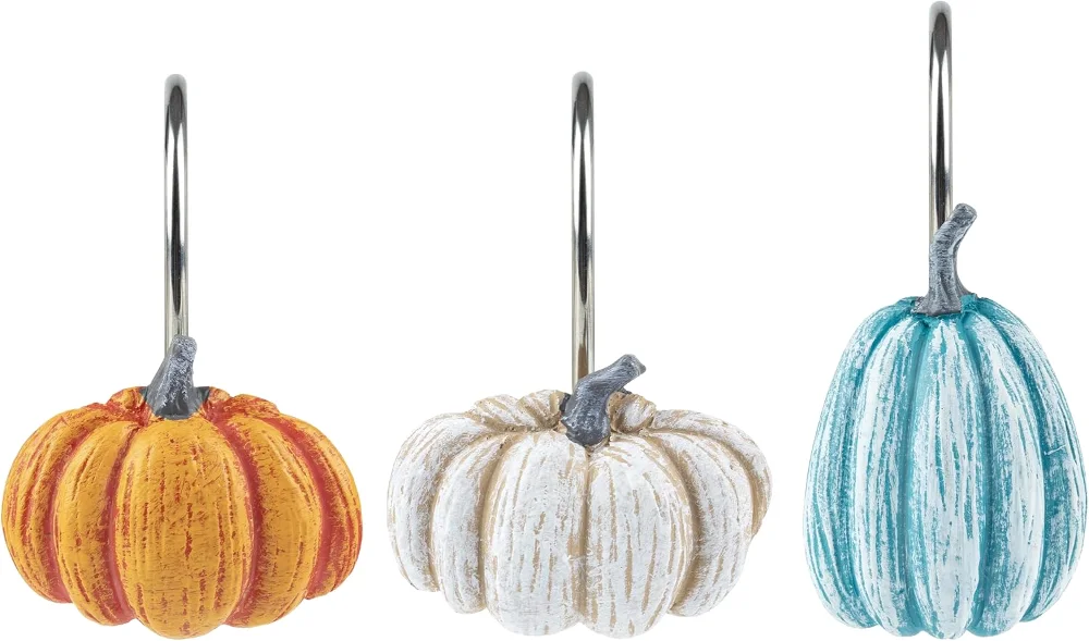 Fall Pumpkin Decorative Shower Curtain Hooks, Pastel Blue