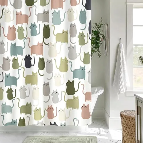 Lovely Sage Green Cartoon Cats Fabric Shower Curtain, photo 4