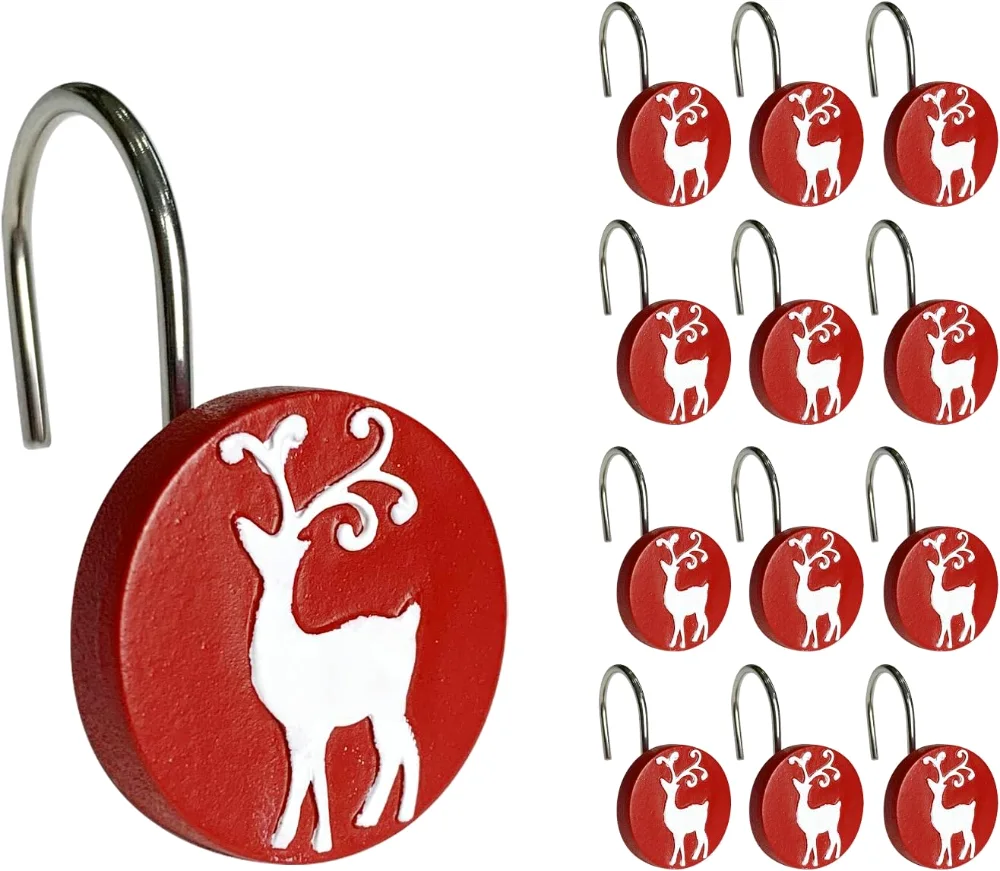 Merry Christmas Shower Curtain Hooks, Red/White Deer
