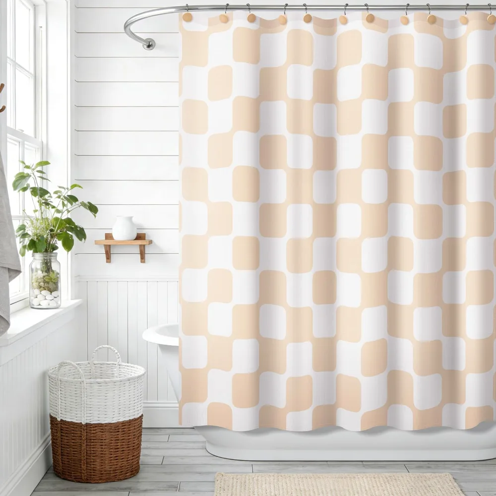 Retro Checkered Faux Linen Fabric Shower Curtain, Beige