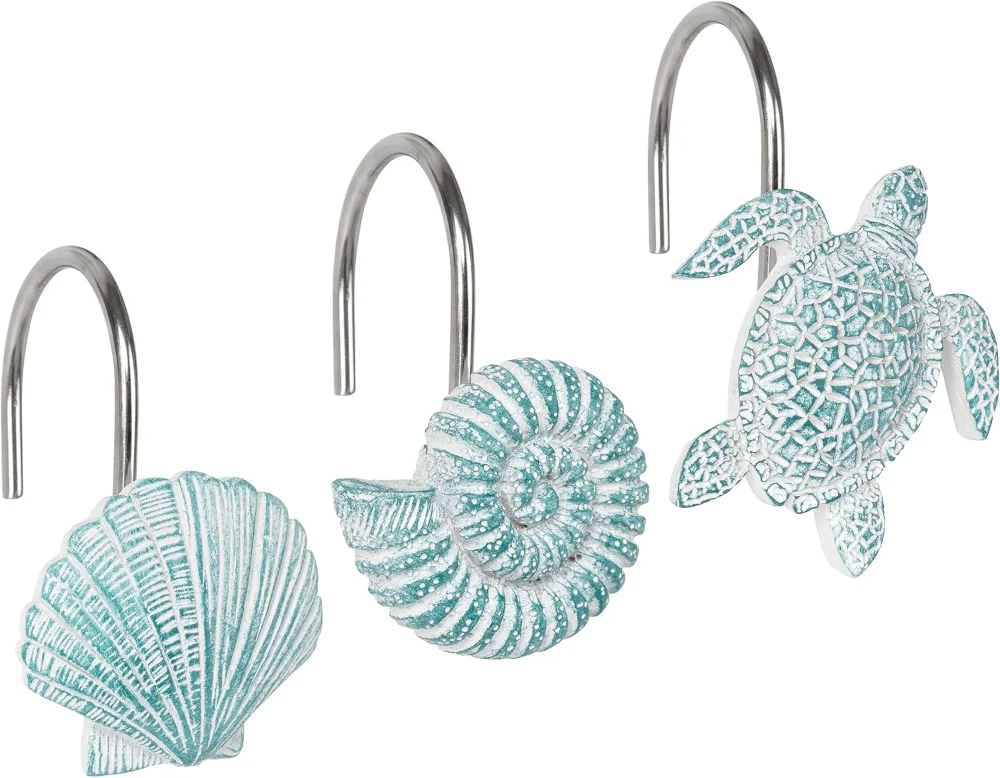 Seashells Decorative Shower Curtain Hooks, Aqua Blue (5BPM)