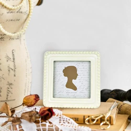 Square Boho Vintage Picture Frame with Beaded Border 4x4, Distressed White, photo 4