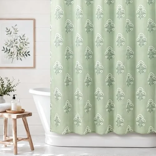Block Print Polyester-Cotton Fabric Shower Curtain, Sage Green Floral, photo 4