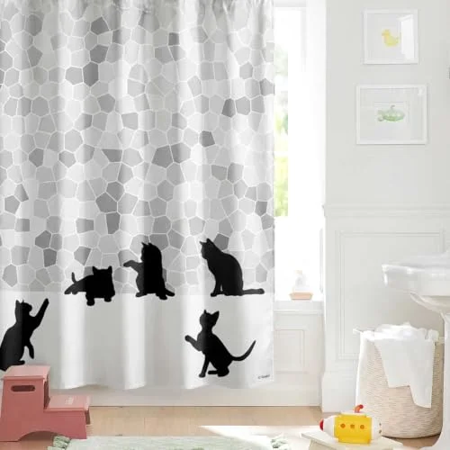 Black Cat Silhouette and Gray Mosaic Fabric Shower Curtain, photo 3