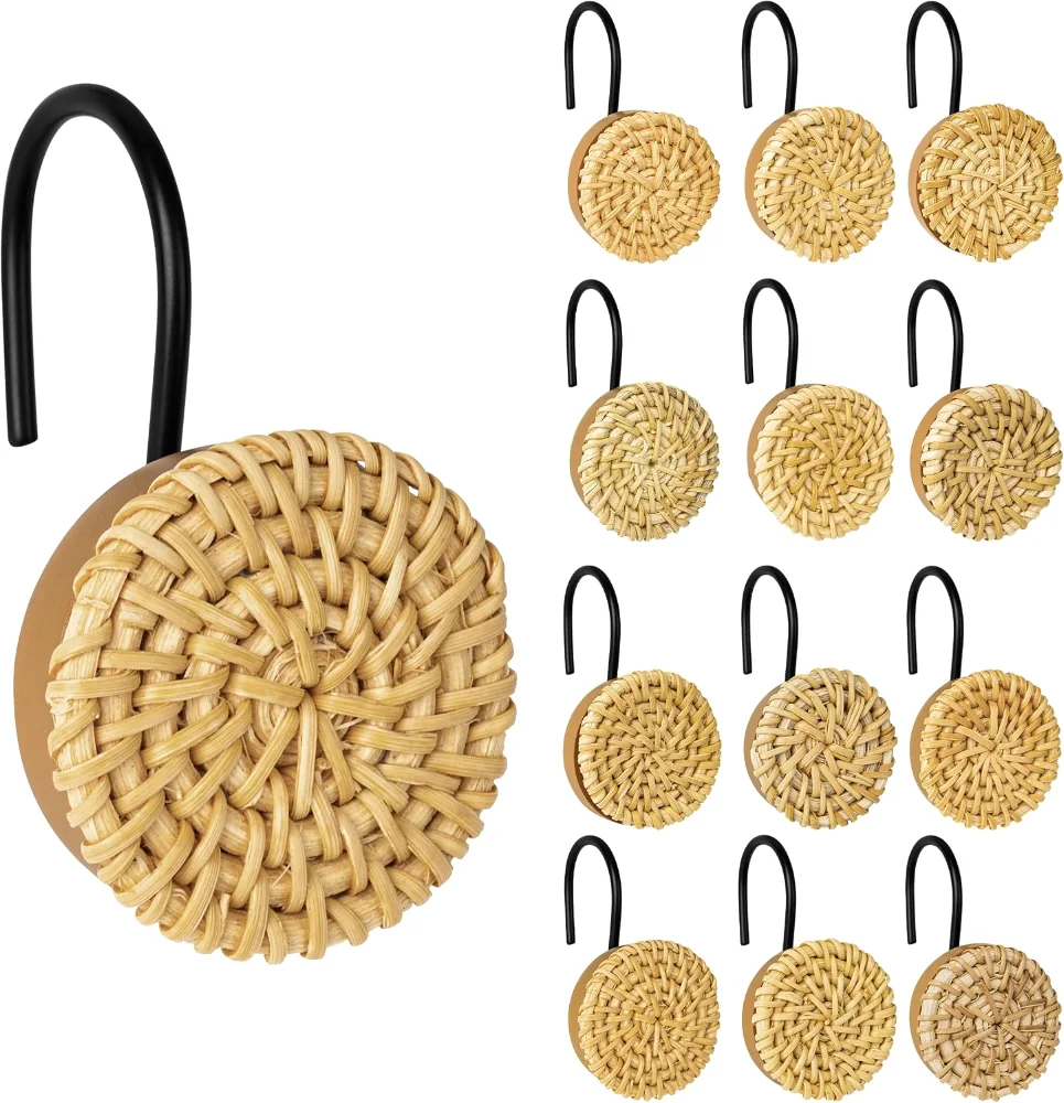 Boho Decorative Shower Curtain Hooks, Wood with Black Hooks