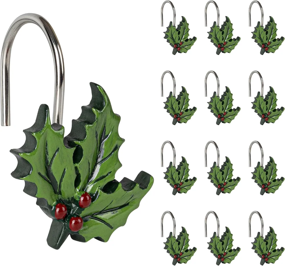 Christmas Shower Curtain Hooks, Green Leaf, set of 12