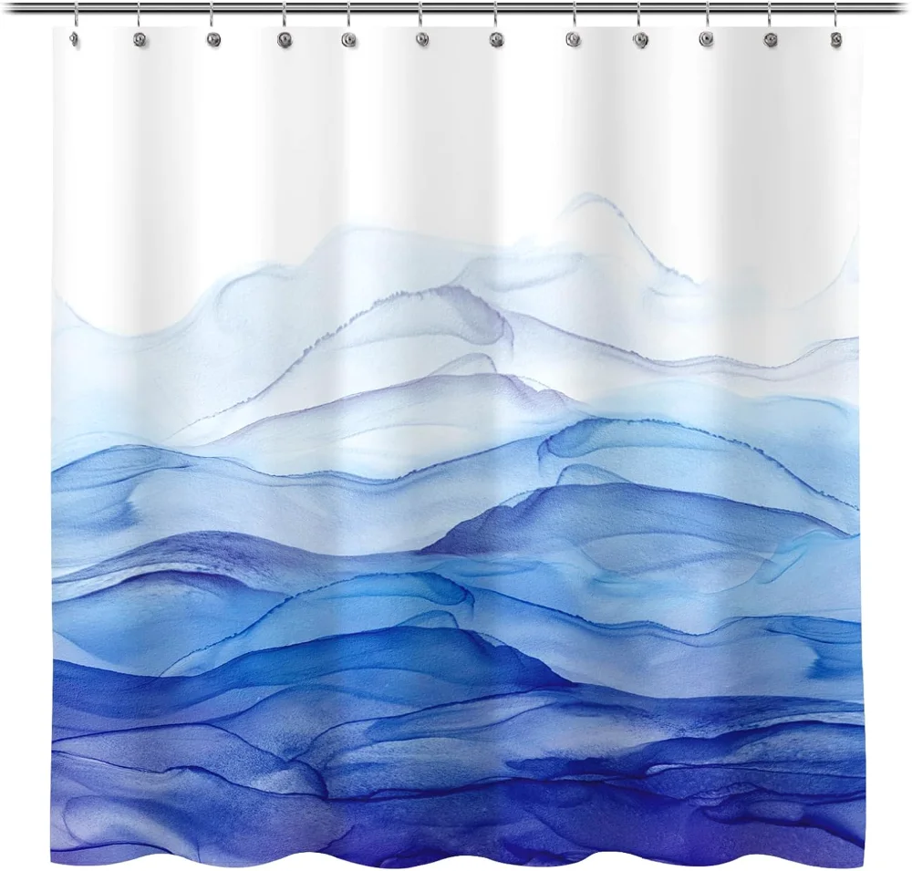 Ombre Blue Watercolor Textured Slubbed Fabric Shower Curtain