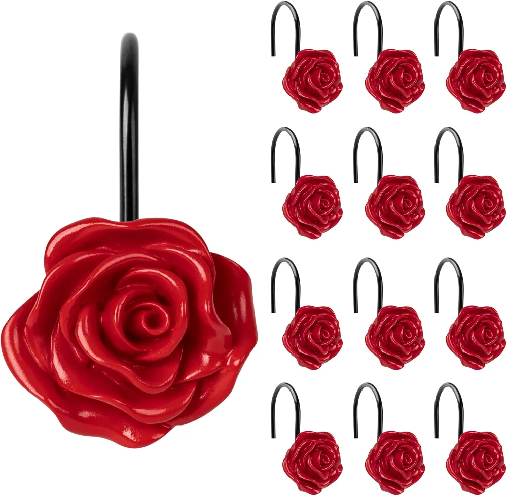 Rose Shower Curtain Hooks, Red with Black Hooks