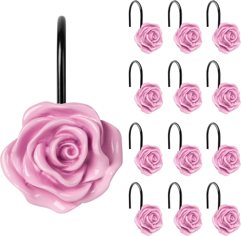 Rose Shower Curtain Hooks, Pink with Black Hooks