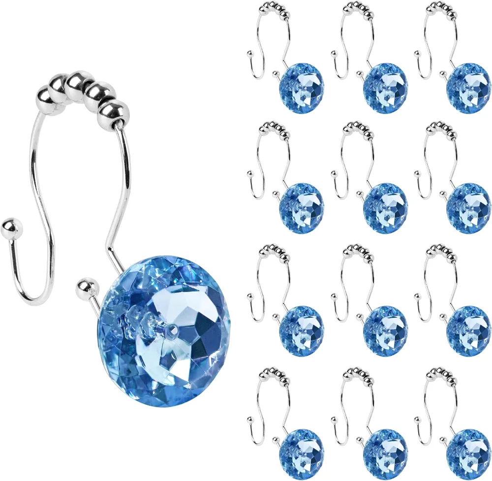 Round Blue Crystal Gem Double Shower Curtain Hooks