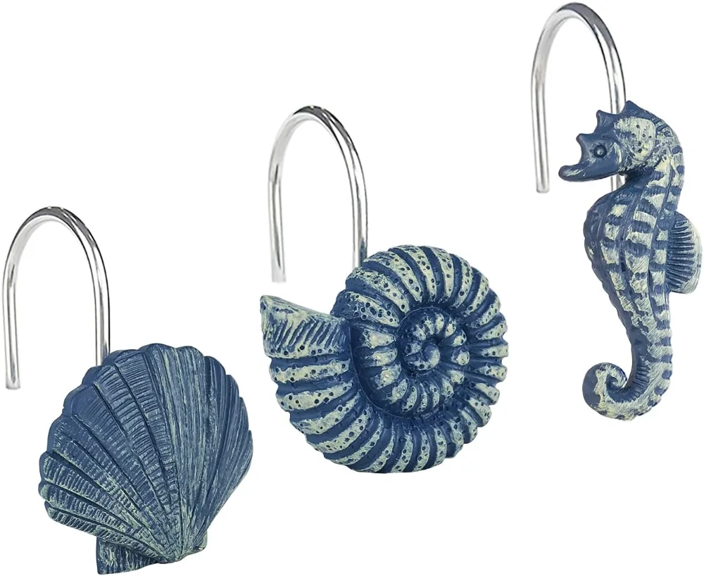 Seashells Decorative Shower Curtain Hooks, Blue