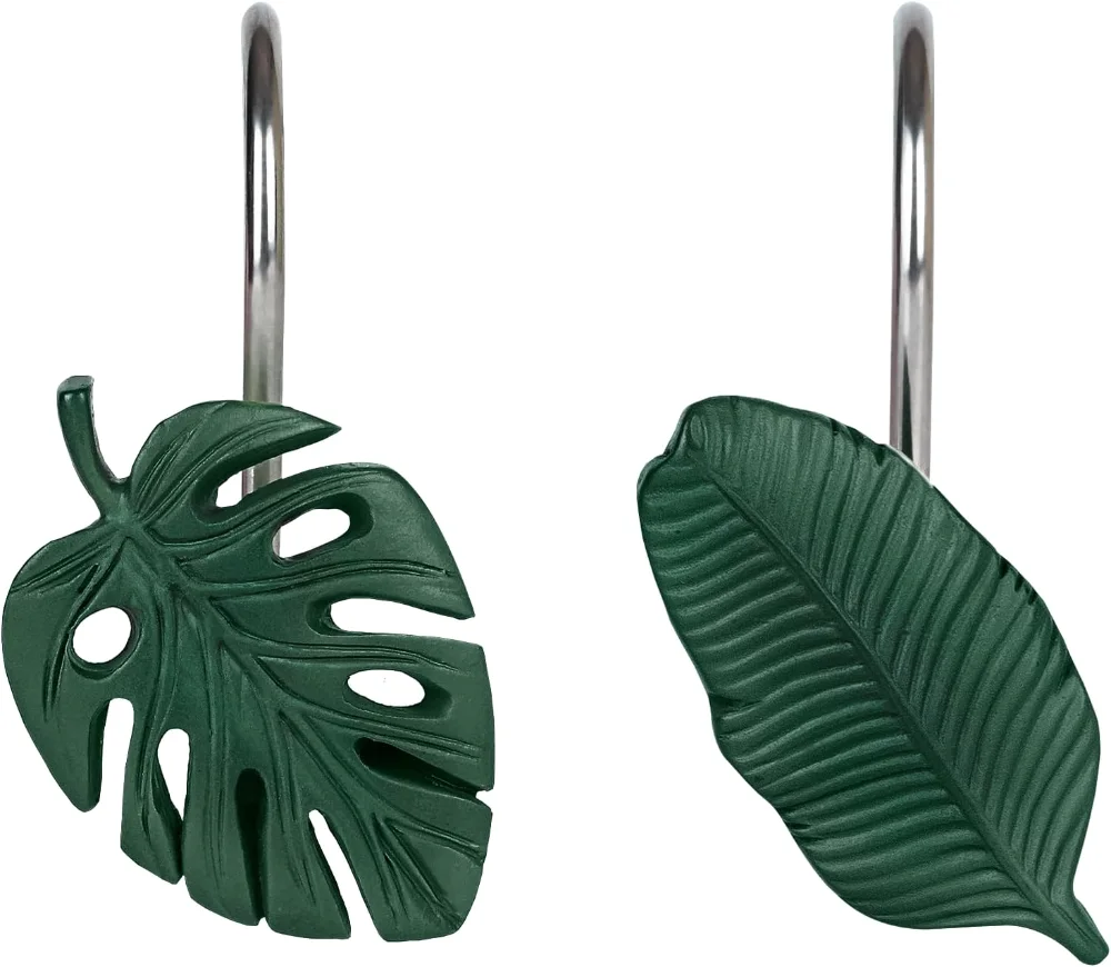 Tropical Leaf Decorative Shower Curtain Hooks, Dark Green Monstera and Strelitzia