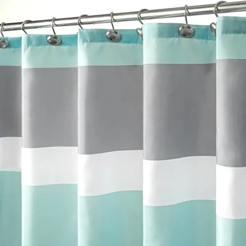 Aqua Blue Gray Horizontal Stripes Water-Repellent Fabric Shower Curtain with Reinforced Metal Grommets Refreshing Striped Bathroom Decor, photo 2