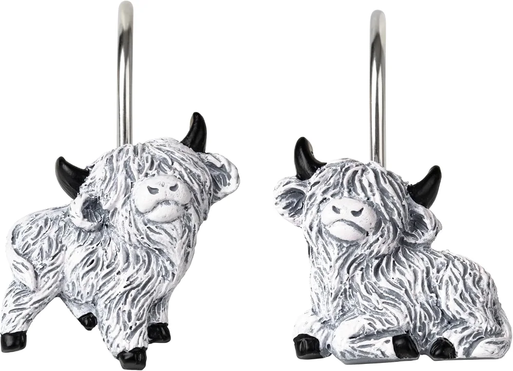 Highland Cow Shower Curtain Hooks, White and Gray – 2 Designs