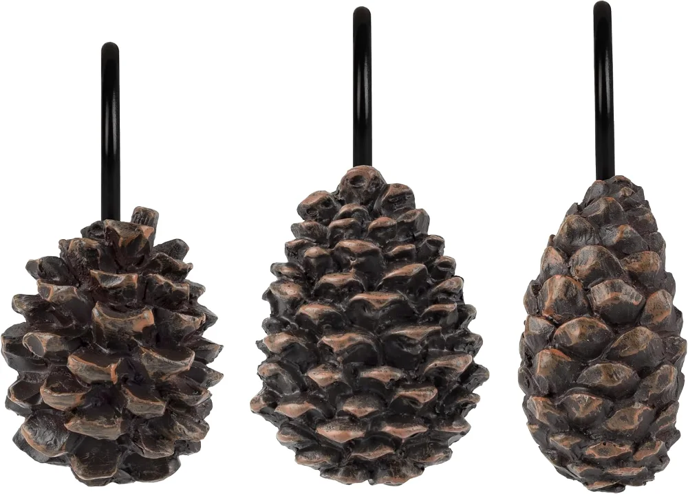 Pinecone Decorative Shower Curtain Hooks, Pinecone Family with Black Hooks