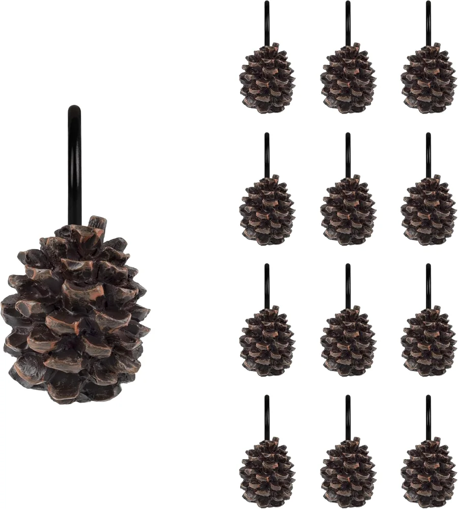 Pinecone Decorative Shower Curtain Hooks, Pinecone with Black Hooks