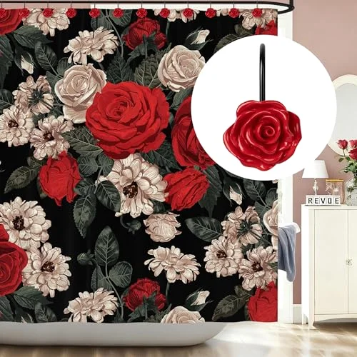 Rose Shower Curtain Hooks, Red with Black Hooks, photo 5
