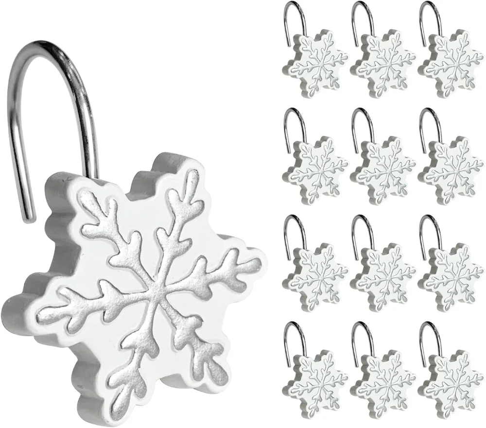 Christmas Shower Curtain Hooks, White/Silver, set of 12