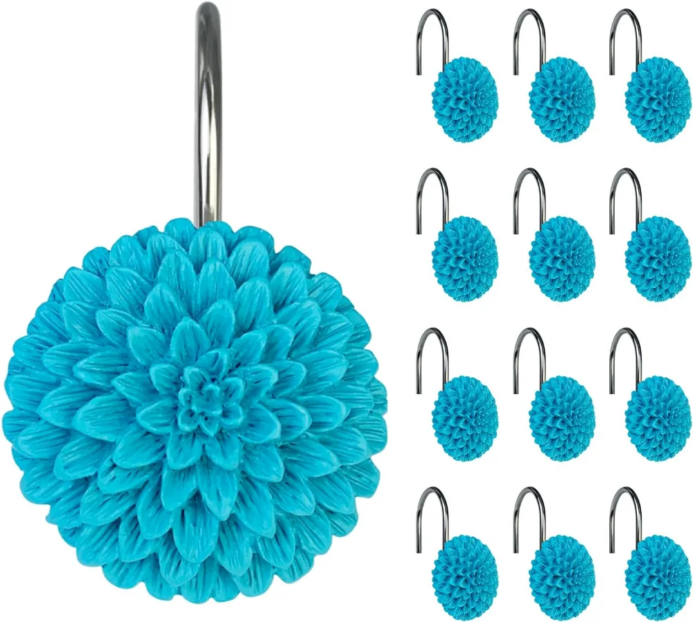 Decorative Floral Shower Curtain Hooks, Turquoise