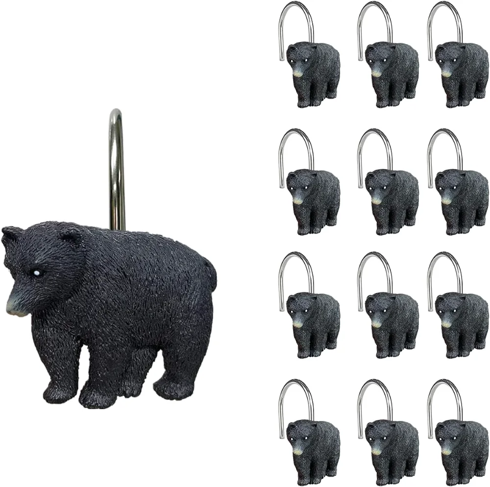 Rustic Decorative Shower Curtain Hooks, Black Bear