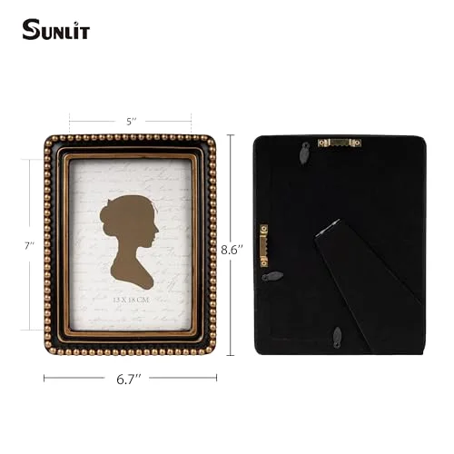 Square Boho Vintage Picture Frame with Beaded Border 5x7, Black and Golden, photo 2