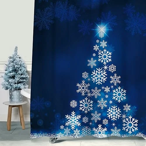 Blue Fluorescent Christmas Snowflake Tree with Dark Blue Background Fabric Shower Curtain, photo 2