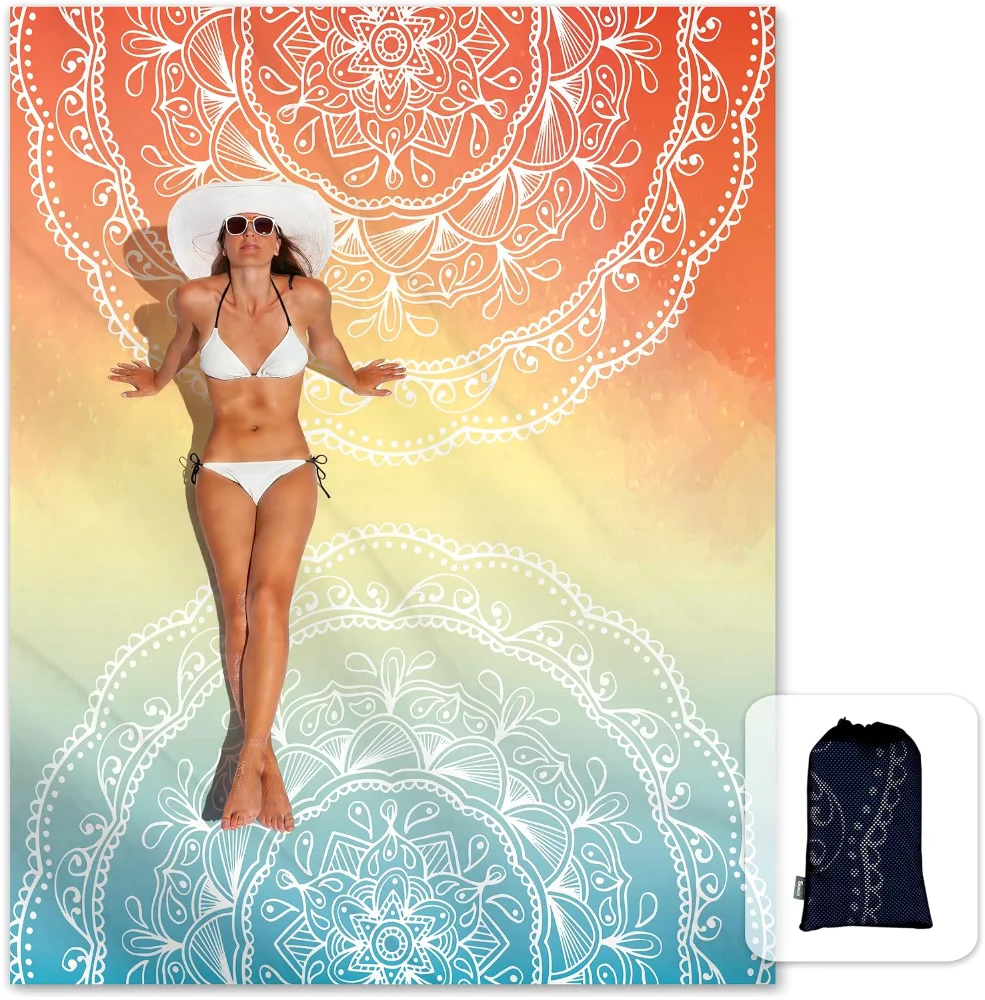 Boho Sand Proof Beach Blanket, Orange Blue, 81×106