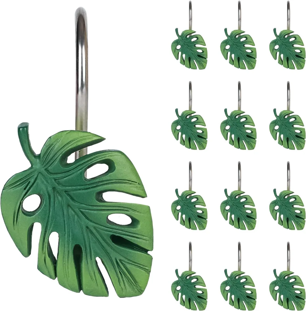 Tropical Leaf Decorative Shower Curtain Hooks, Ombre Green Monstera Deliciosa